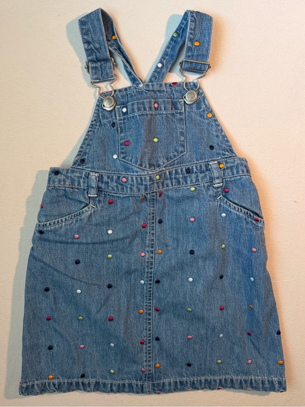 Y2K Gymboree Blue Denim Overall Skirt with Multicolor Dots